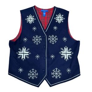 🎄 Karen Scott Women’s Christmas Vest - Snowflake Navy Plaid Lined Large ❄️